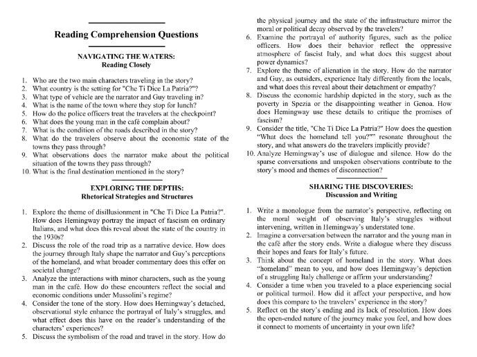 Che Ti Dice La Patria? by Ernest Hemingway with Reading Comprehension Questions