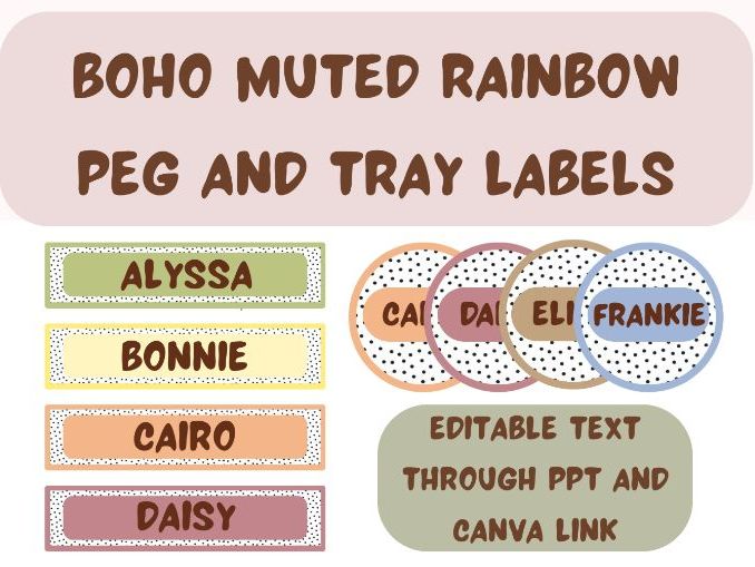 Editable Boho Peg and Name Labels | Muted Rainbow Tray Labels