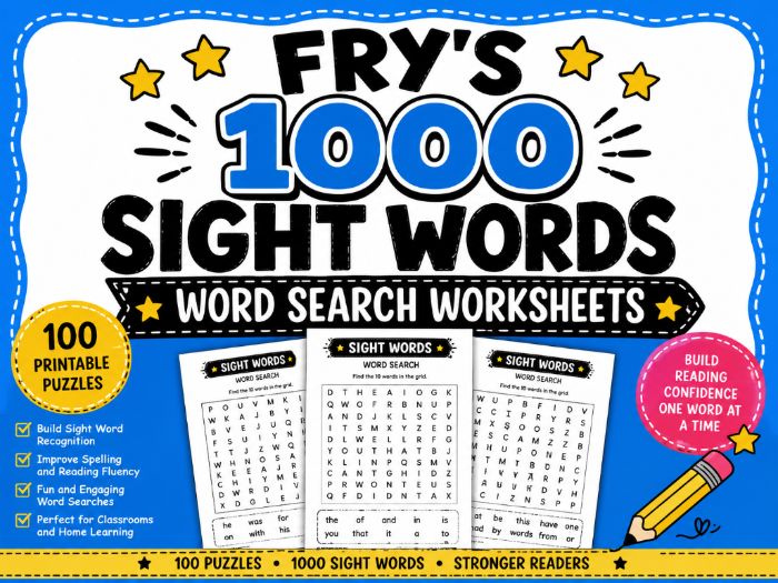 Fry’s 1000 Sight Words Word Search Worksheets | 100 Printable Puzzles