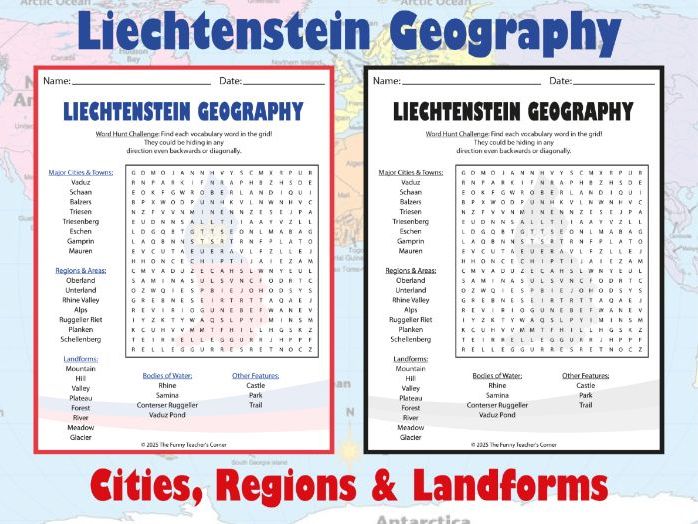 Liechtenstein Geography Word Search | Cities, Regions & Landforms | Grades 4–7