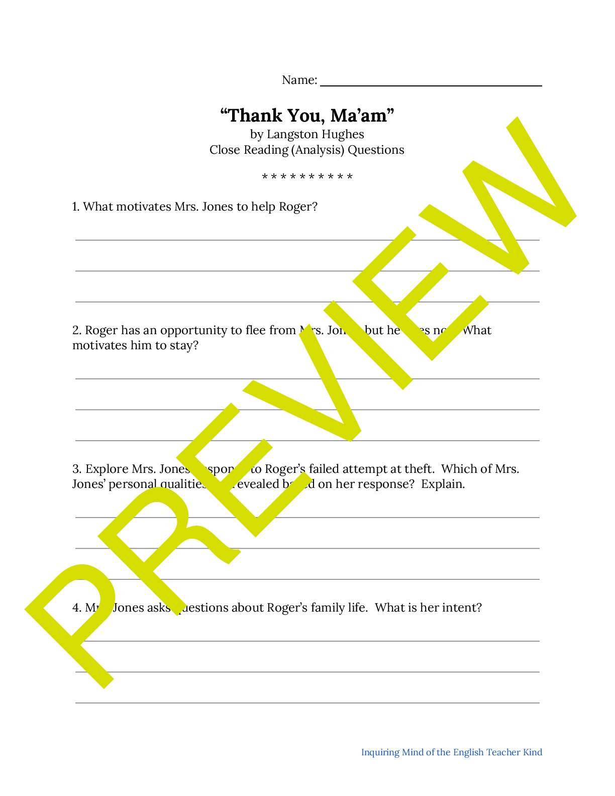 Thank You Ma Am Questions And Answers "Thank You, Ma'am" by Langston Hughes Close Reading Worksheet