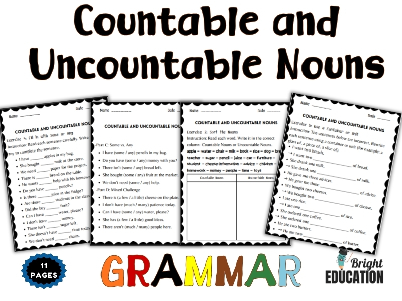 Countable and Uncountable Nouns Grammar Worksheets