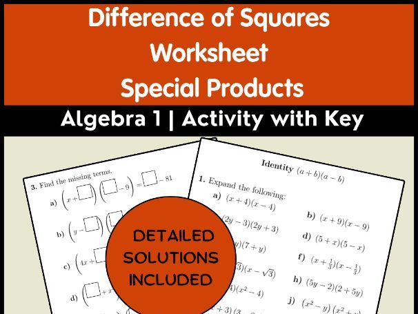 Difference of Squares Worksheet | Special Products Algebra 1 | Activity with Key