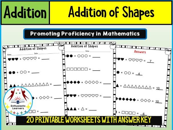 Addition of Shapes (Count, Add, and Write the Correct Answer) Worksheets – Beginner Level Math Probl