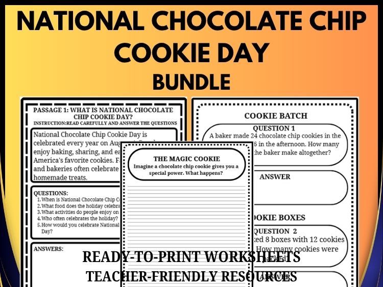 Chocolate Chip Cookie Day Activities Bundle | Reading Comprehension, Math & Writing | Grades 2–8