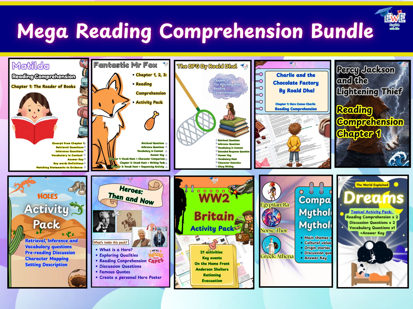 Mega Reading Comprehension + Activity Packs Bundle: 11 Themed Packs (Harry Potter, Charlie and the Chocolate Factory, Dreams, Fantastic Mr Fox, The BFG, Percy Jackson & More)
