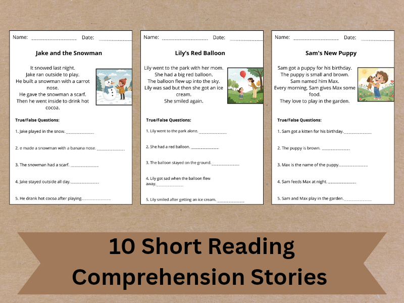 Reading Comprehension | 10 Short Stories + True/False Questions | KS1 Level