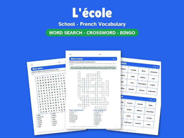School in French: Word Search, Crossword & Bingo