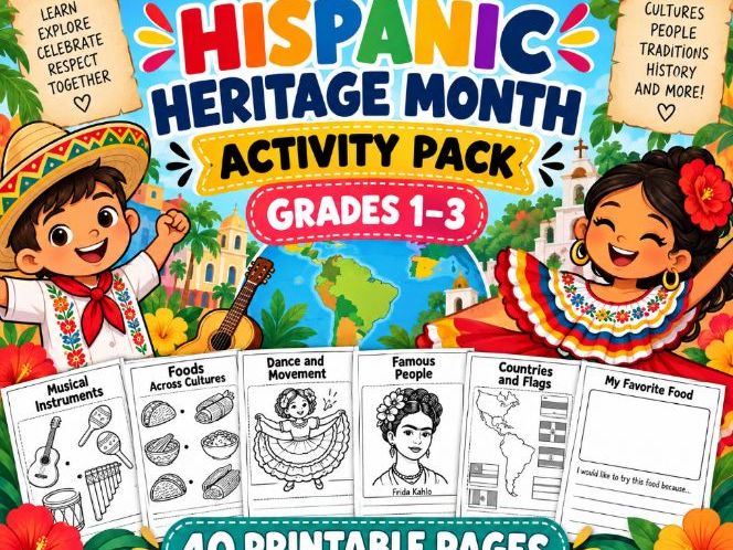Hispanic Heritage Month Activities & Worksheets | 40 Page Printable Activity Pack | Grades 1-3 Socia
