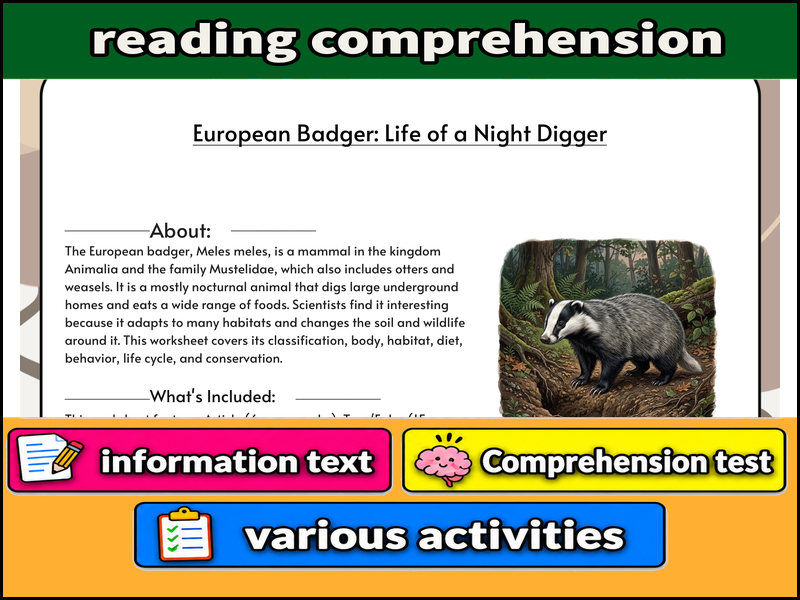 European Badger: Life of a Night Digger  & Comprehension Test