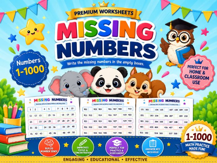 Missing Numbers 1-1000 Worksheets | Number Sequencing Math Practice Kindergarten to 3rd Grade