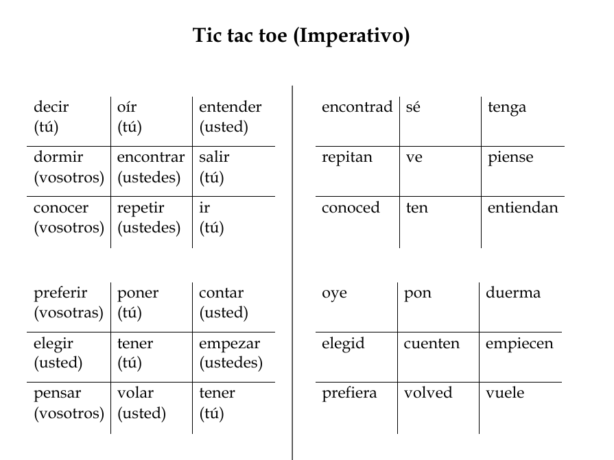 Tic Tac Toe Imperativo (verbos irregulares) Worksheet