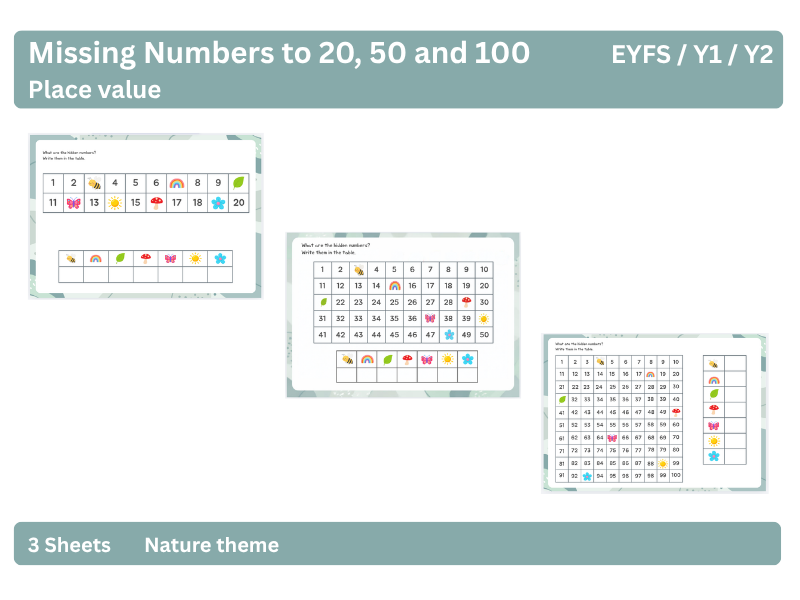 Nature missing numbers to 20, 50 and 100 worksheets