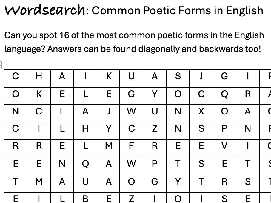 Wordsearch: Common Poetic Forms