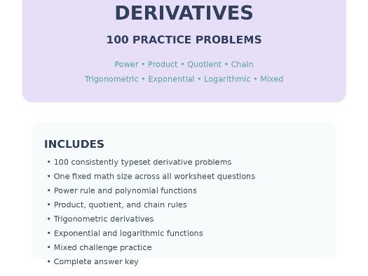 Derivatives Worksheet Pack | 100 Problems
