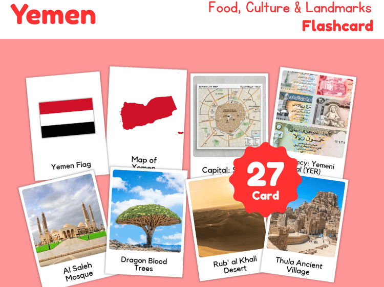 Yemen Geography Flashcards | 27 Printable Country Study Cards