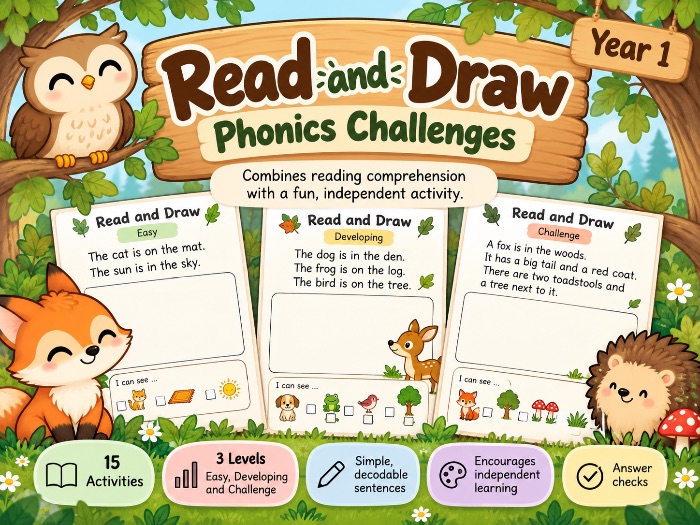 Read and Draw Phonics Challenges | Year 1 Reading Comprehension | 15 Woodland Worksheets