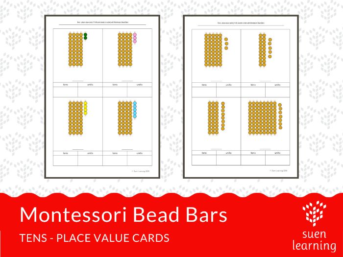 Tens place value cards with Montessori Bead Bars Teaching Resources