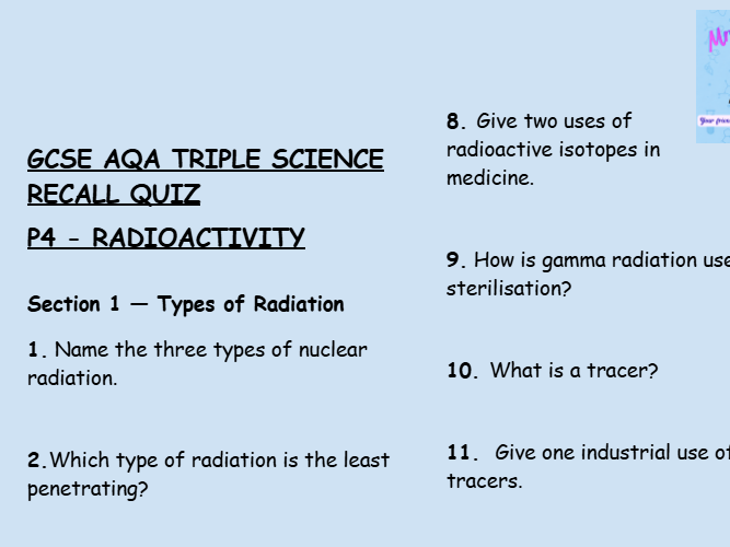 GCSE AQA Triple Physics – Radioactivity Retrieval Questions (Half-Life & Safety)