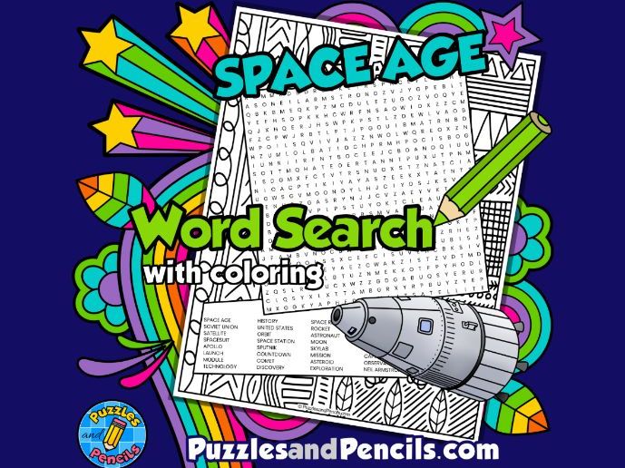 Space Age Word Search Puzzle Activity with Colouring | Eras in World History