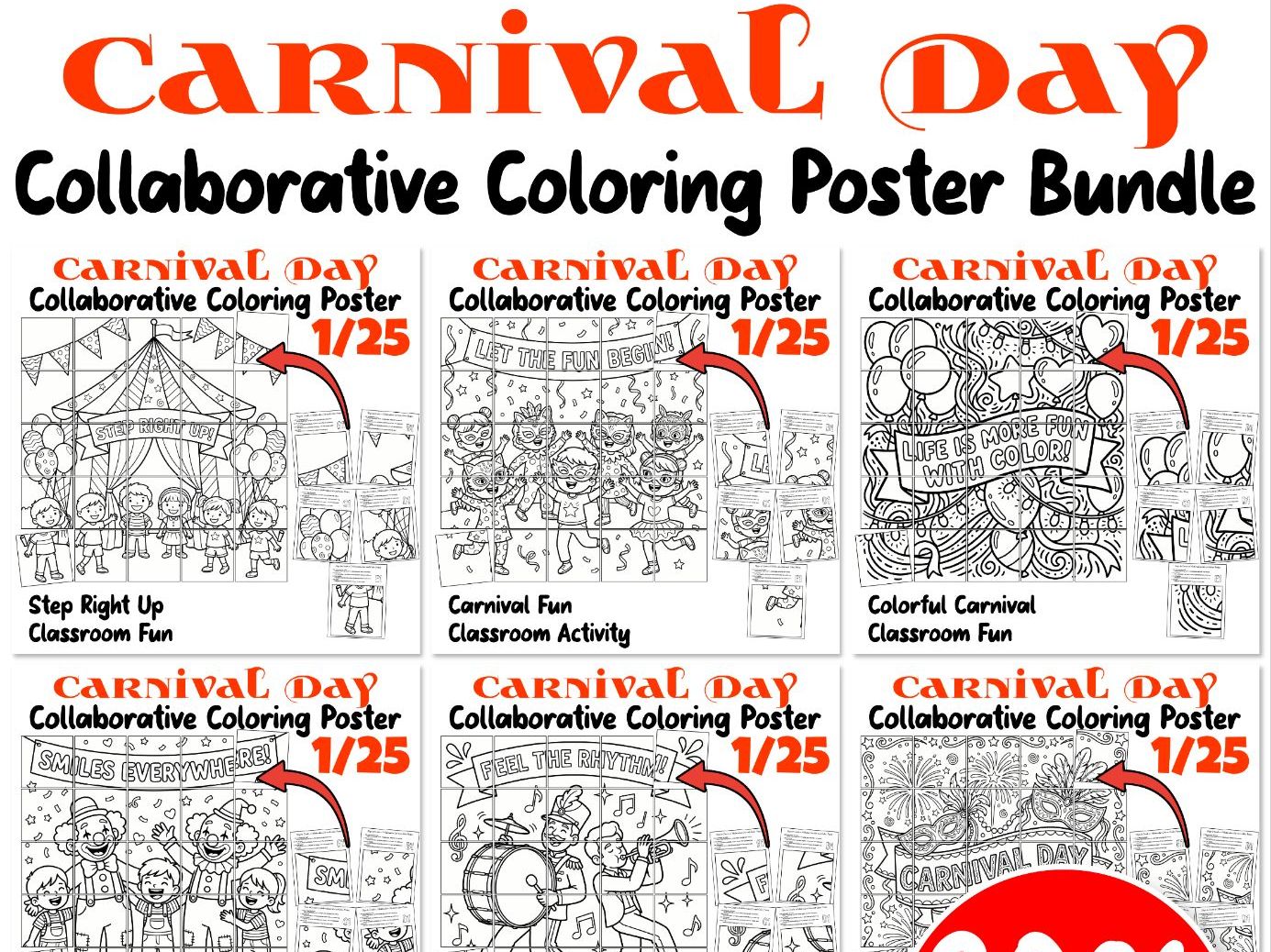 Carnival Day Collaborative Coloring Posters Bundle | 6 Fun Classroom Activities