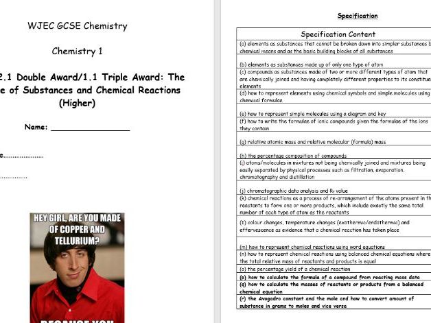Year Topic 1 Booklets for WJEC GCSE Chemistry