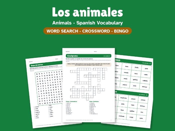 Animals in Spanish: Word Search, Crossword & Bingo
