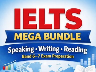 IELTS Mega Bundle – Complete Speaking, Writing & Reading Exam Preparation (Band 6–7) | Lessons, Strategies, Worksheets & Model Answers