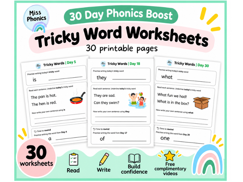 30 Tricky Word Worksheets | 30 Day Phonics Boost