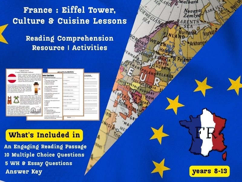 France Reading Comprehension Pack: Eiffel Tower, Culture & Cuisine Lessons