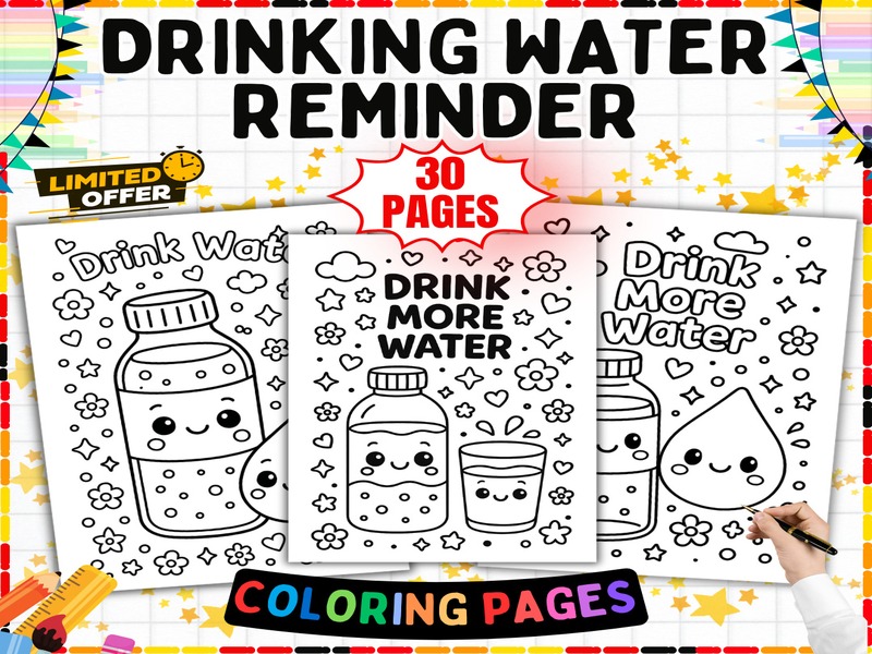 Water Reminder Coloring Sheets | 30 Page Coloring Sheets | Bottles Drops and Cups