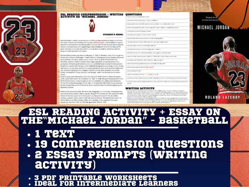 ESL Reading Comprehension + Writing Activity Worksheets - Michael Jordan - Basketball