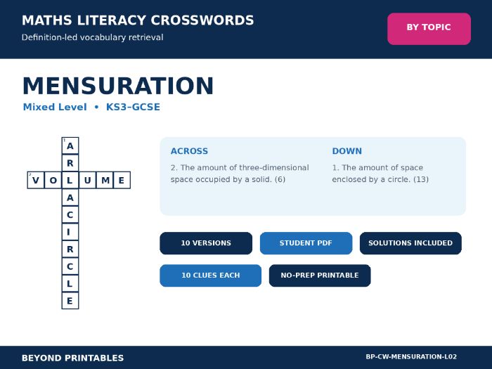 Maths Literacy Crosswords: Developing Mensuration | 10 Puzzles + Complete Solutions
