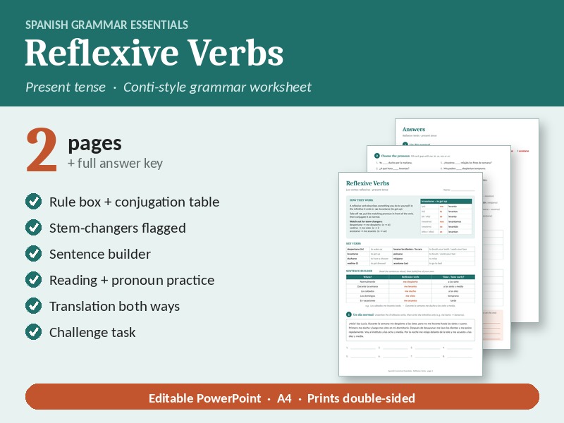 Spanish Reflexive Verbs: Conti-Style Grammar Worksheet + Answers