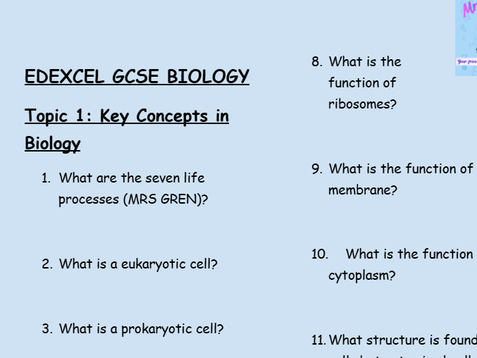 Edexcel GCSE Biology Topic 1: Key Concepts in Biology – 30 Question Retrieval Sheet (With Answers)