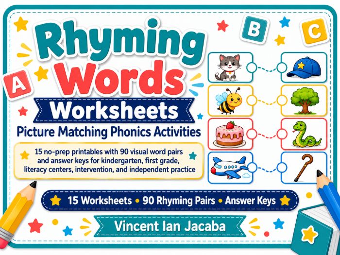Rhyming Words Worksheets | Picture Matching Phonics Activities | EYFS & KS1