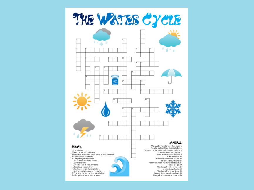 The Water Cycle Crossword Puzzle A3 Teaching Resources