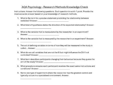 AQA A Level Psychology Research Methods Knowledge Check