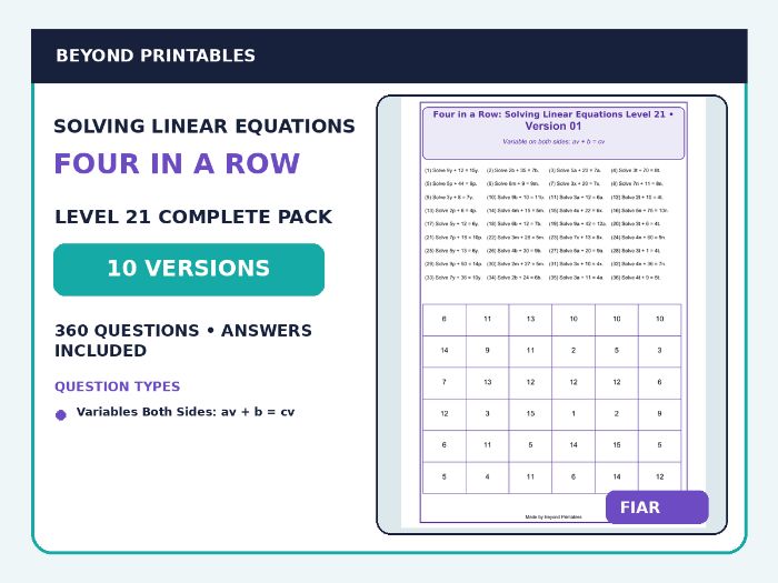 Solving Linear Equations Four in a Row | 5x + 7 = 3x : Level 21 | 10-Version Maths Pack