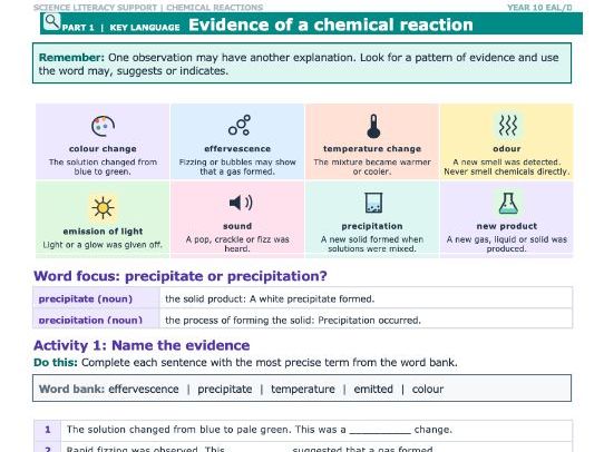 Chemical Reactions – Stage 5 Literacy sheet