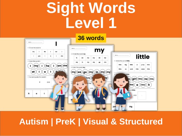 Autism Sight Words Worksheets – Level 1 PreK