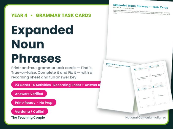 Year 4 Expanded Noun Phrases Grammar Task Cards + Answer Key