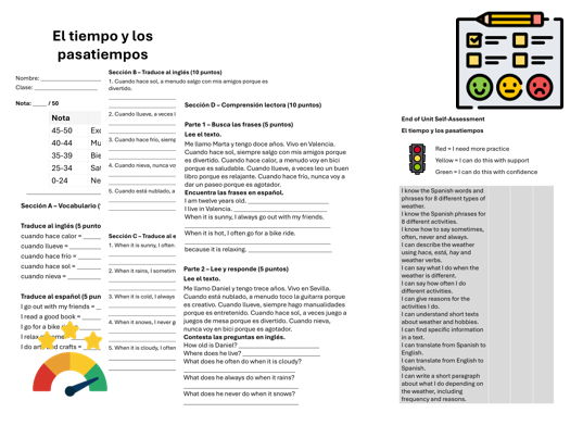 Hobbies & Weather (Spanish) – Assessment, Mark Scheme & Self Assessment
