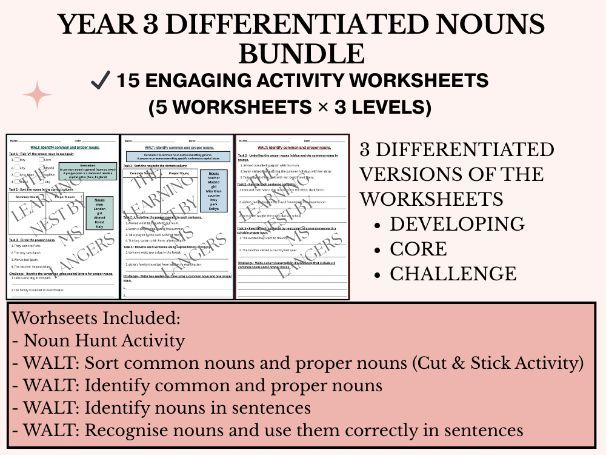 Year 3 Nouns Bundle | Differentiated Grammar Worksheets  Activity Worksheets & Answers