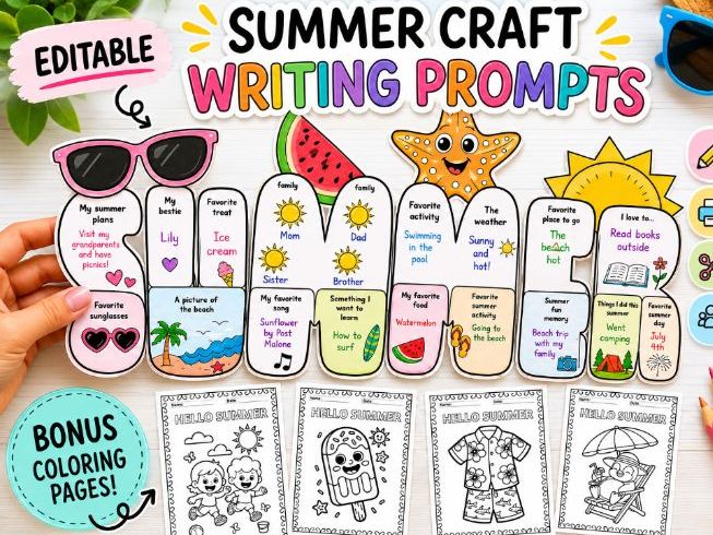 Summer Writing Prompts Craft Activity | Editable Templates | Bulletin Board Writing Project | End of