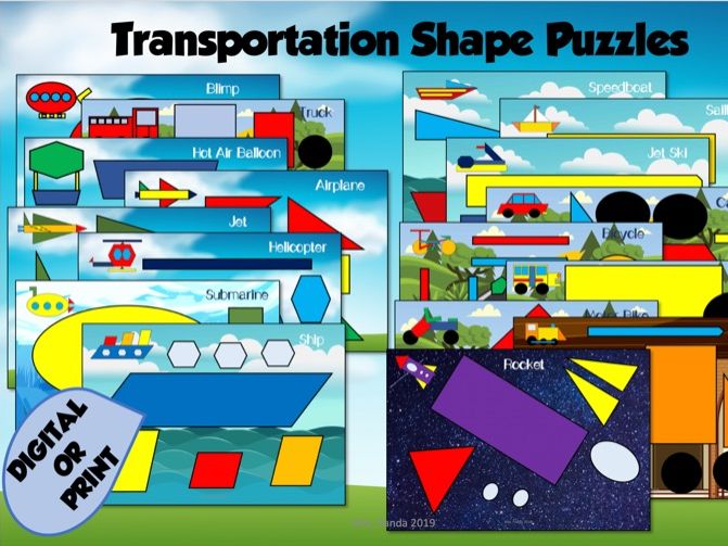 Transportation Shape Puzzles and Worksheet - Digital and Print