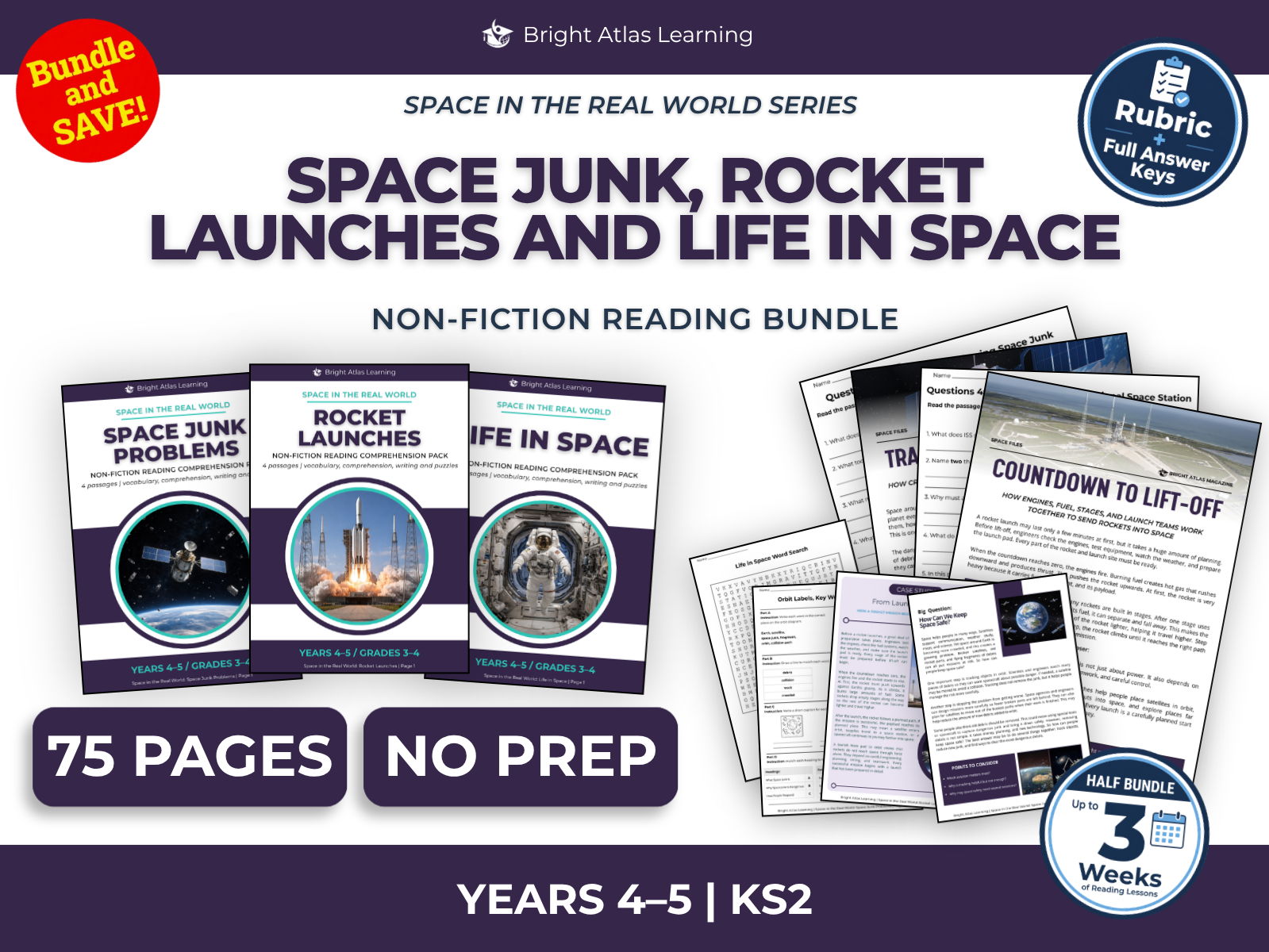 Space Junk Problems, Rocket Launches and Life in Space Reading Bundle | KS2 Years 4–5
