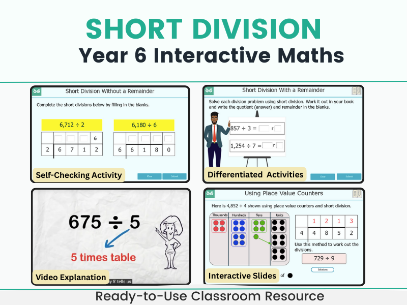 Short Division - Year 6 Interactive Digital Maths Lesson and Self-Grading Activities