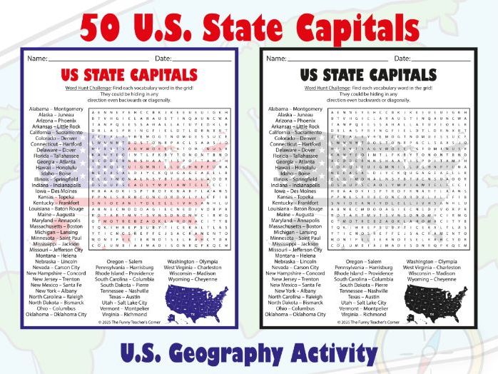 50 U.S. State Capitals Word Search Puzzle | U.S. Geography Activity
