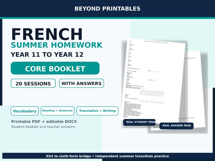 French Summer Homework Booklet A LEVEL PREPARATION Year 11 to Year 12 Core